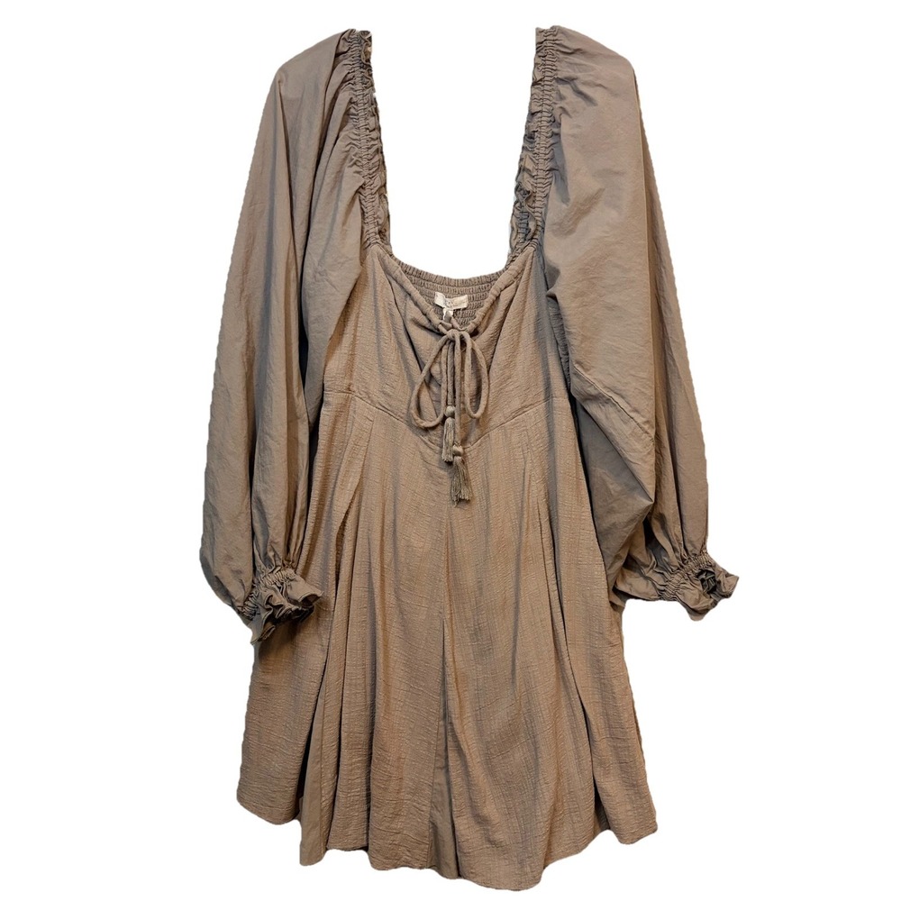 Chelsea‎ & Violet Romper Long Puff Sleeve Boho Taupe Brown Tassel Tie Front L